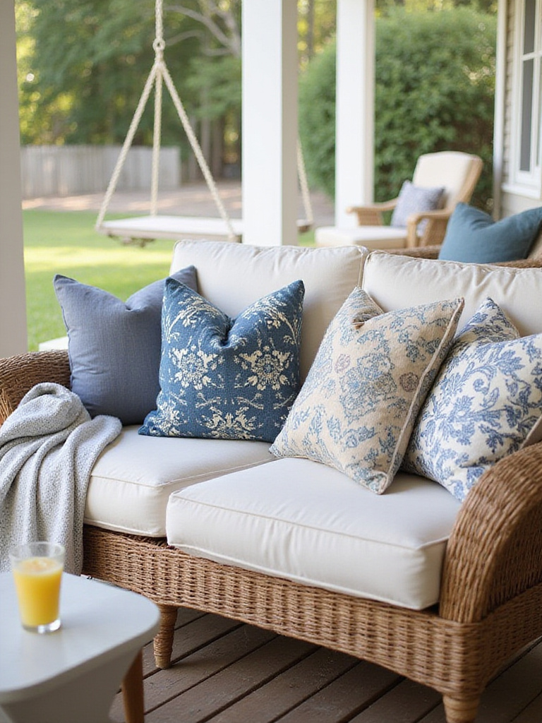 Porch with wicker sofa and decorative throw pillows
