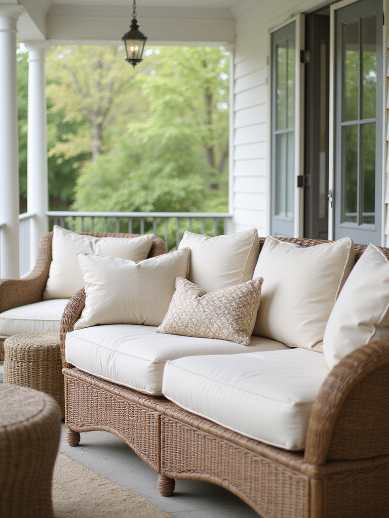 Plush weatherproof cushions on a porch loveseat