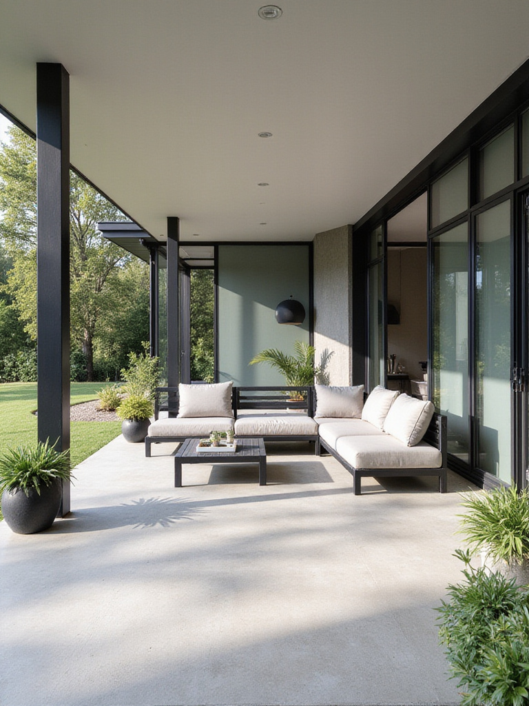 Modern porch with sleek dark gray metal furniture and light gray cushions.
