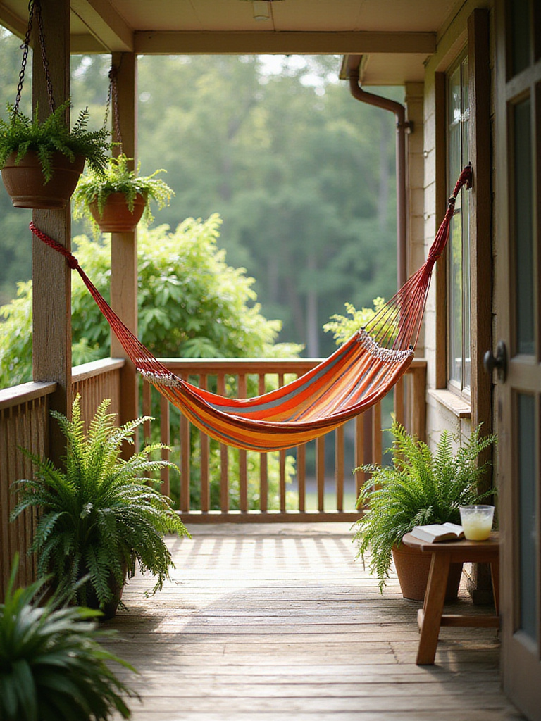 Cozy porch with a striped hammock, hanging plants, and side table, creating a relaxing outdoor space