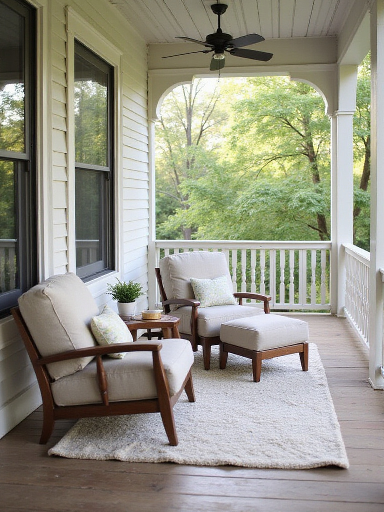 Cozy porch conversation set with armchairs, table, and rug.