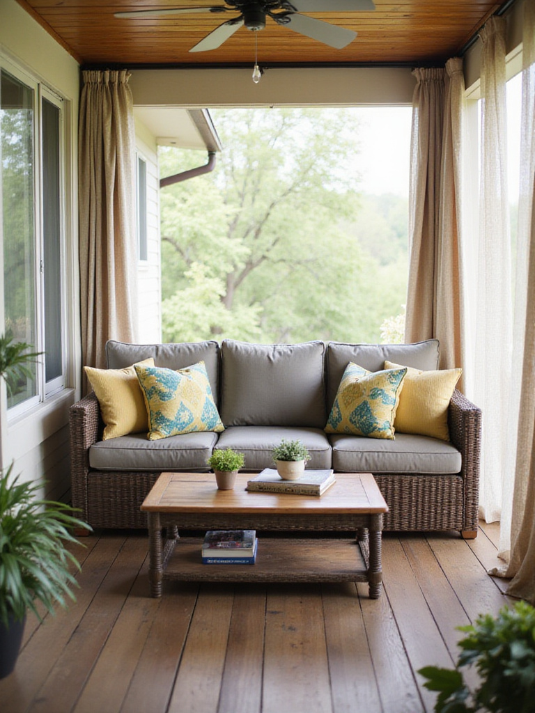 Comfortable wicker porch sofa with colorful cushions creating an outdoor living room.