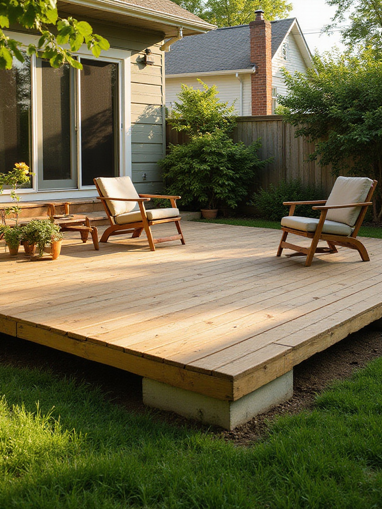 A low-level wooden floating deck sitting on concrete blocks in a backyard, not attached to the house. The deck has simple outdoor furniture.