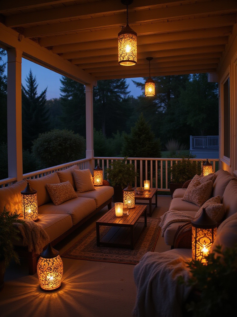 Porch with stylish lanterns providing warm and inviting evening lighting.