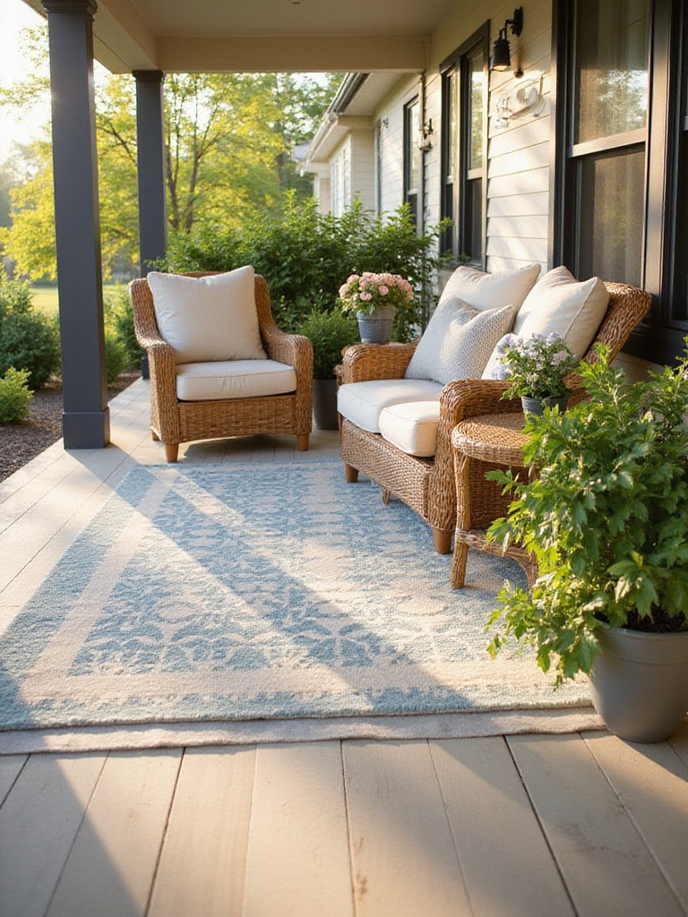 Inviting porch with blue and cream geometric outdoor rug, wicker furniture, and potted plants.