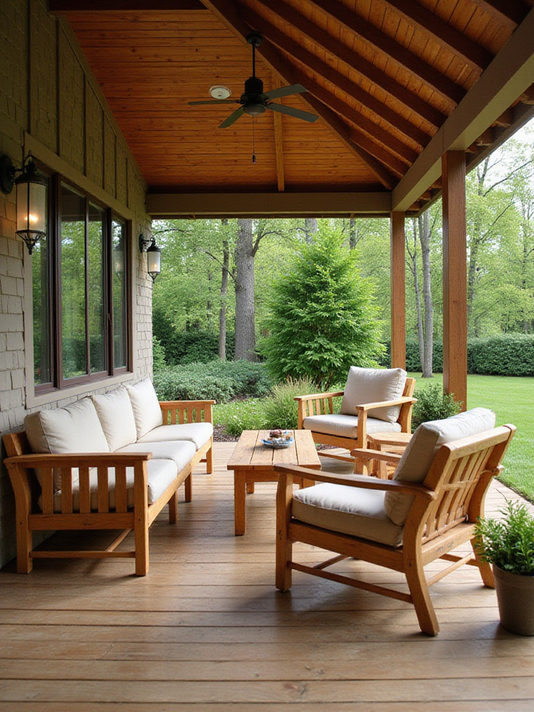 Elegant teak furniture set on a covered porch overlooking a lush garden.