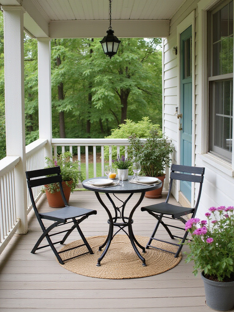 Charming bistro set on a covered porch, perfect for al fresco dining.