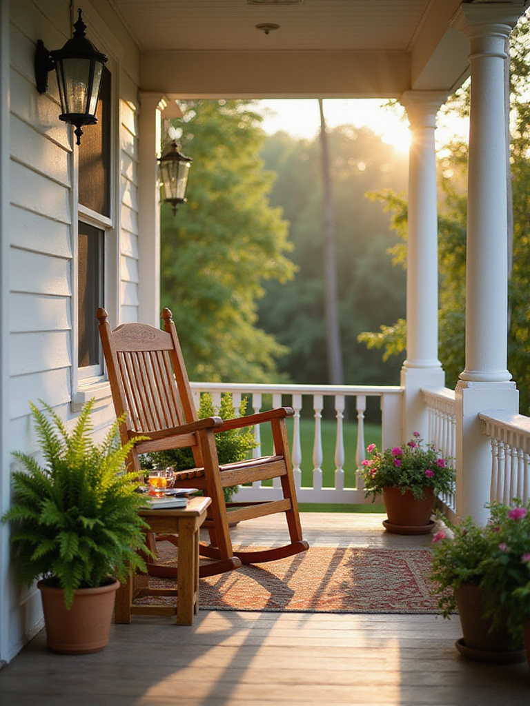 Wooden rocking chair on a cozy front porch with plants and a side table.