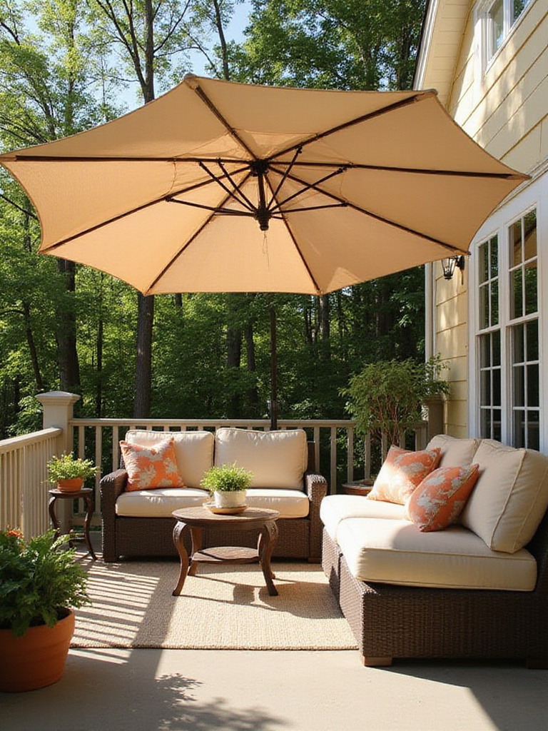 Stylish patio umbrella providing shade on a well-decorated porch.