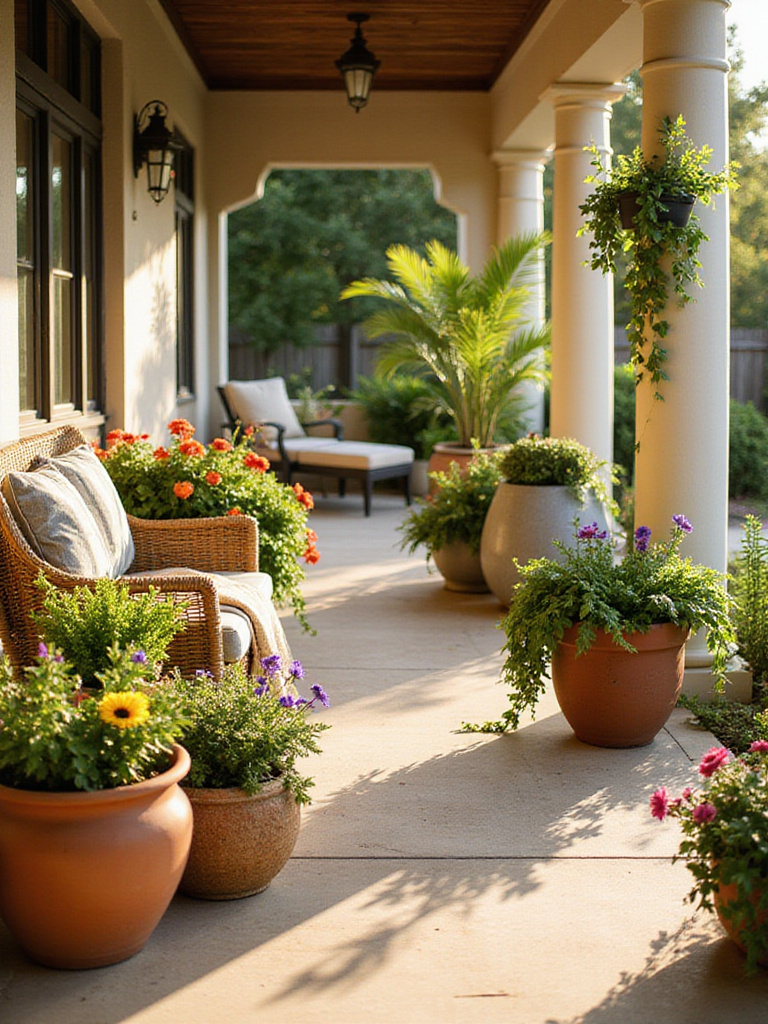 Stylish porch planters filled with flowers and greenery creating an inviting outdoor space.
