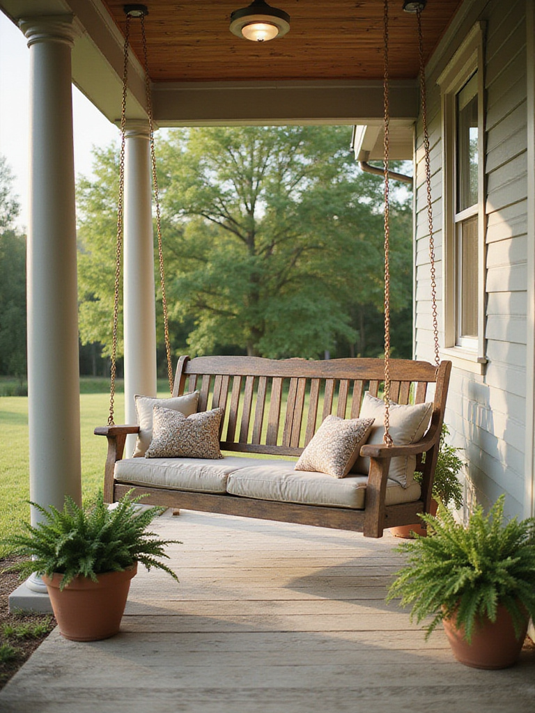 Relaxing wooden porch swing with cushions on a covered porch surrounded by plants.