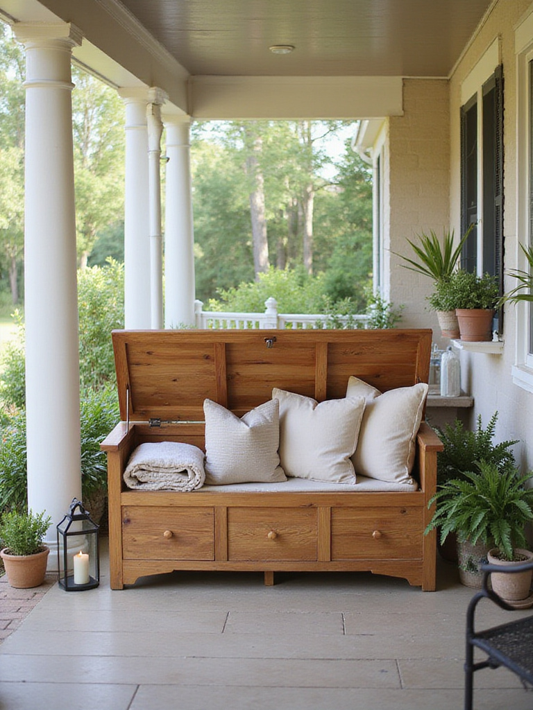 Charming porch with a wooden storage bench filled with blankets and cushions.