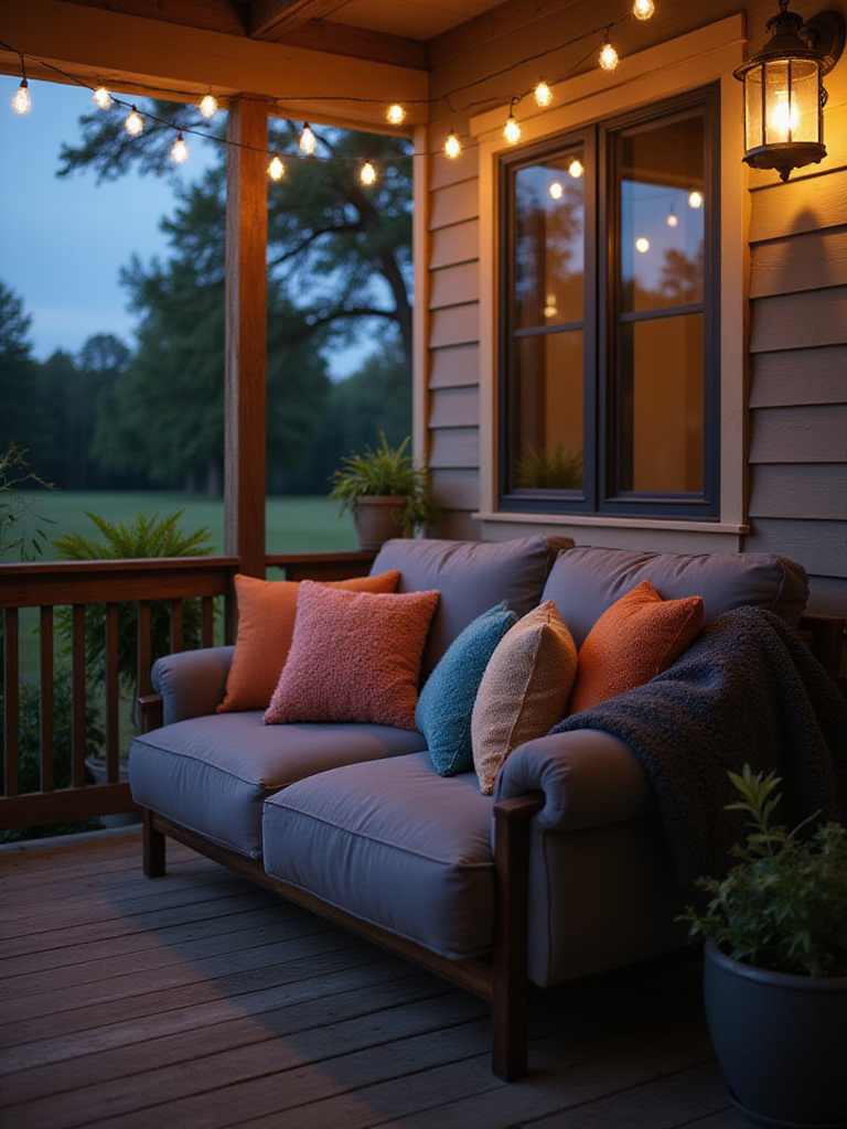 Plush grey loveseat with colorful pillows and throw blanket on a cozy, well-lit porch at twilight.