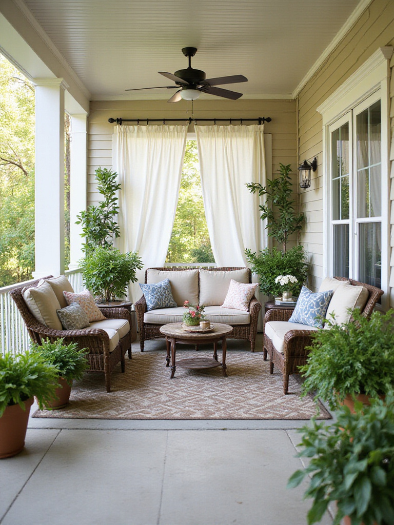 Weather-resistant wicker furniture arrangement on a cozy covered porch.