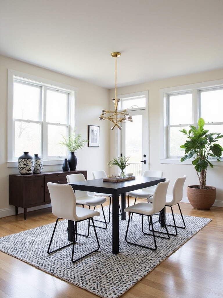 Modern dining room with black table, white chairs, and geometric rug.