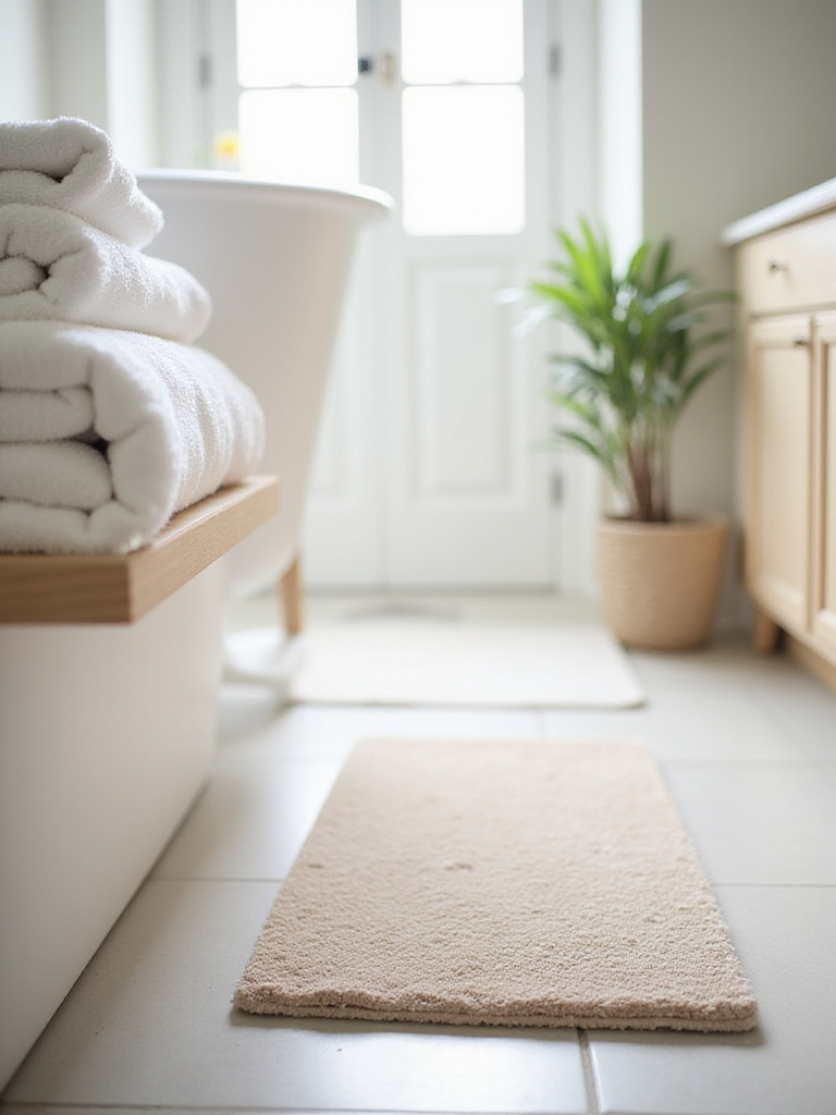 Stack of plush white towels and a comfortable bath mat in a bright, clean bathroom.