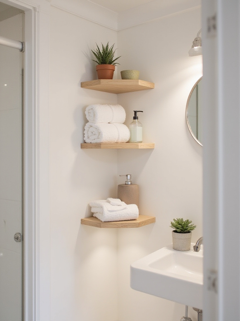 Small bathroom corner shelves with towels and succulents.