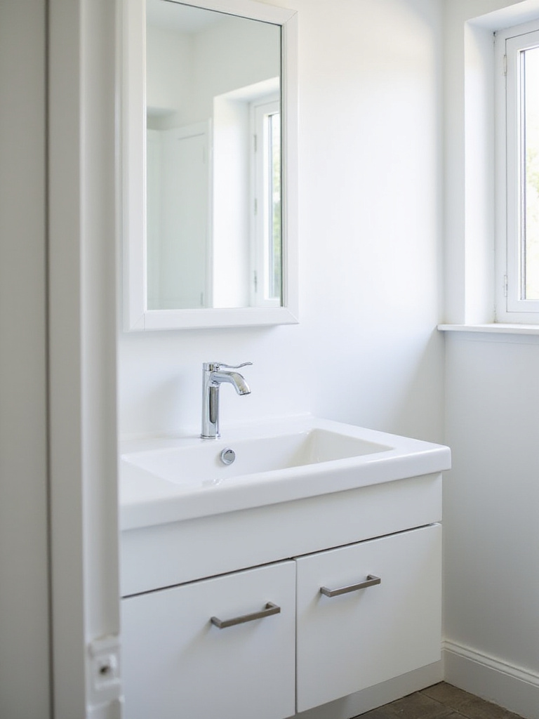 Small bathroom featuring a white wall-mounted vanity with under-sink storage.