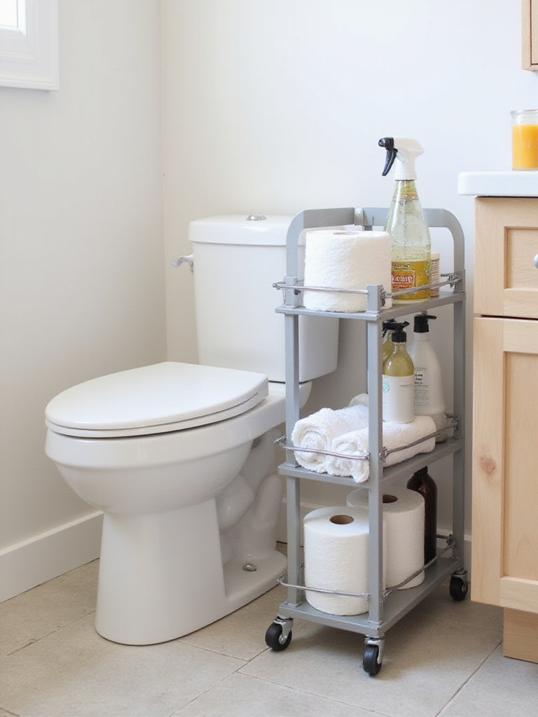 Slim storage cart between toilet and vanity in small bathroom