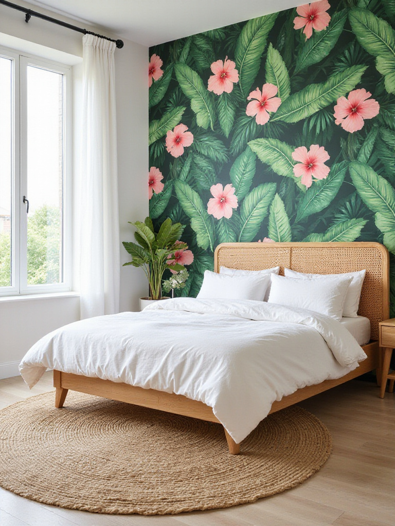 Modern bedroom with tropical print wallpaper featuring banana leaves and hibiscus flowers.
