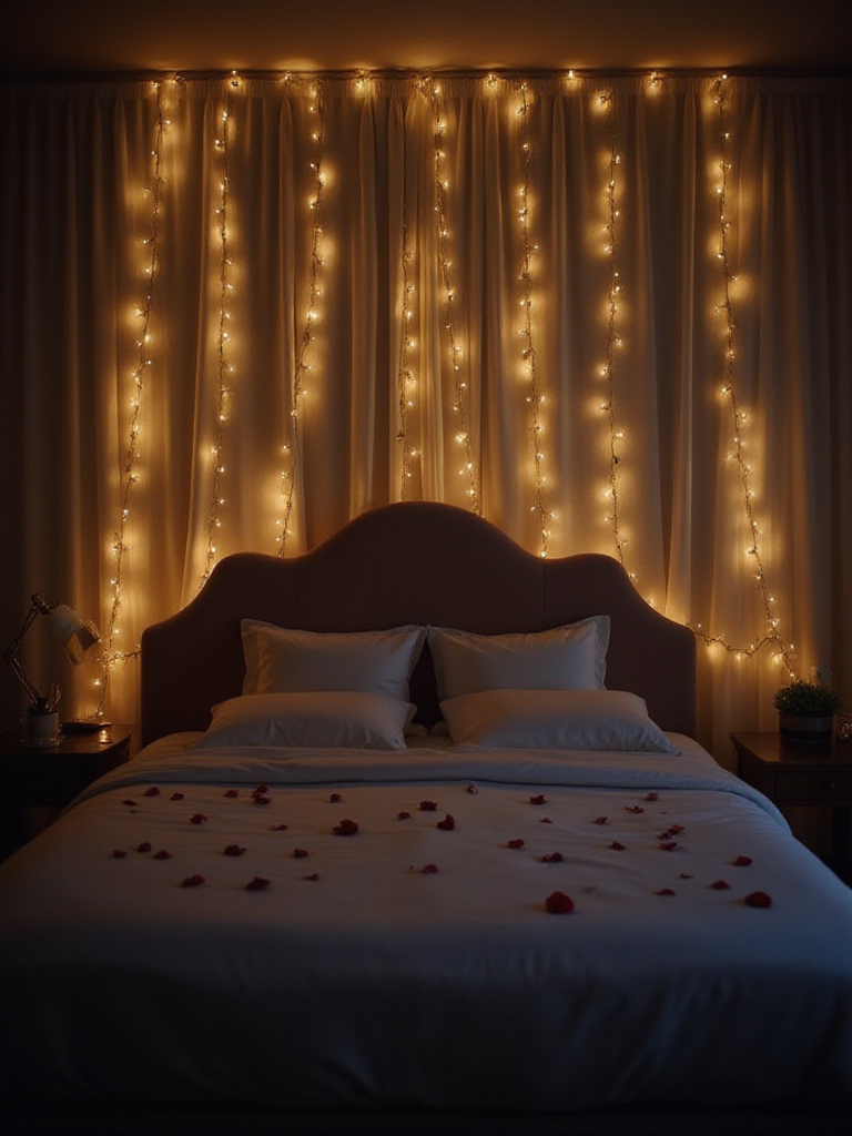 Romantic bedroom with fairy lights draped across headboard and sheer curtains.