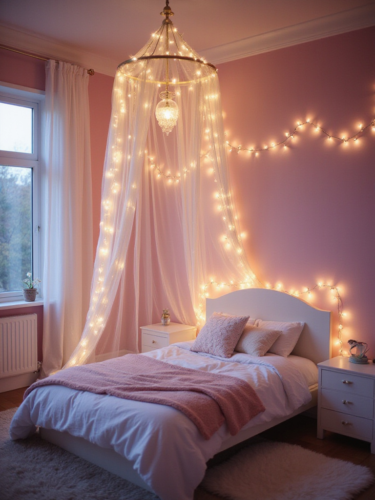 Girl's bedroom with fairy lights creating a magical ambiance.