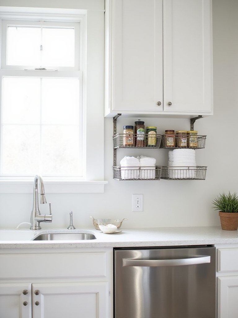Under-shelf wire baskets holding spices and dish towels in a modern kitchen