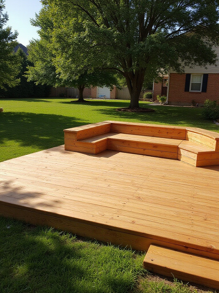 Wooden deck with integrated built-in benches, showing a smart, budget-friendly outdoor seating solution.