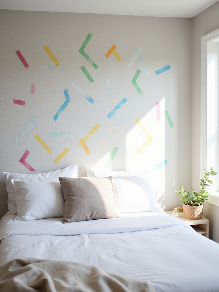 Bedroom wall decorated with geometric washi tape art pattern.