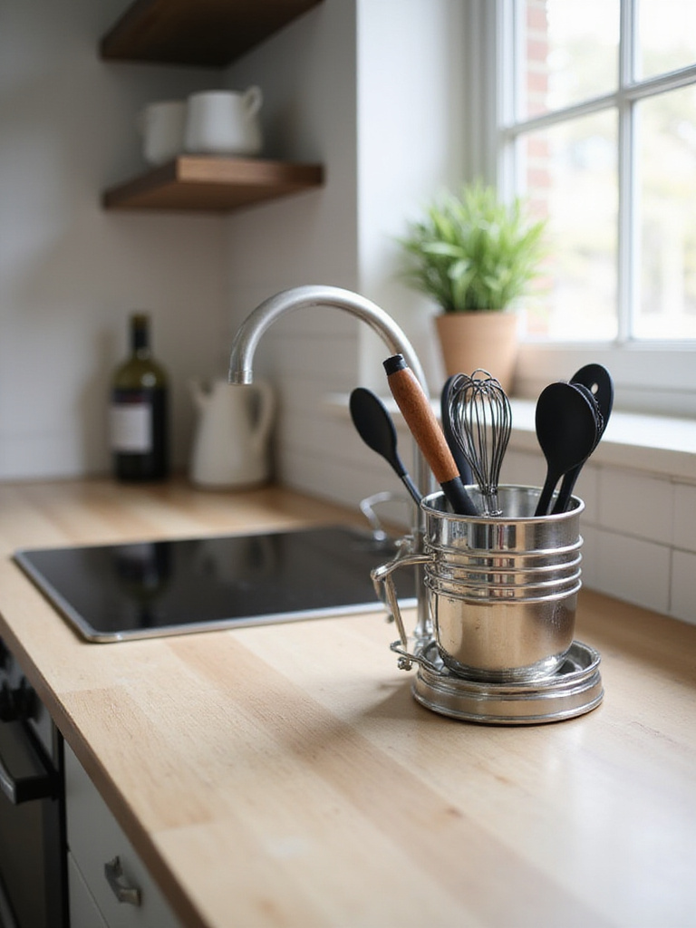 Stainless steel utensil caddy on a kitchen countertop, organizing cooking utensils.