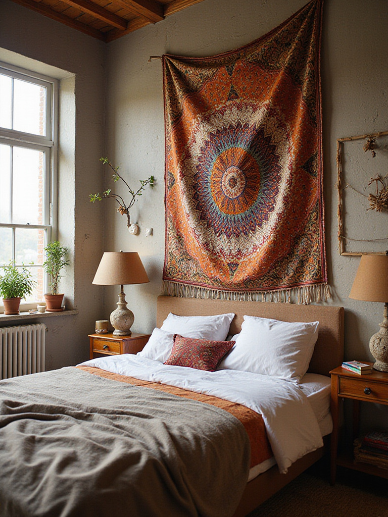 Bohemian bedroom with tapestry wall hanging above bed.