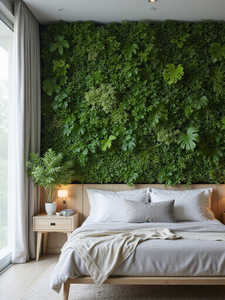 Lush green vertical garden wall in a modern bedroom