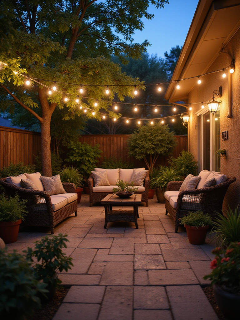 Backyard patio illuminated with string lights at dusk