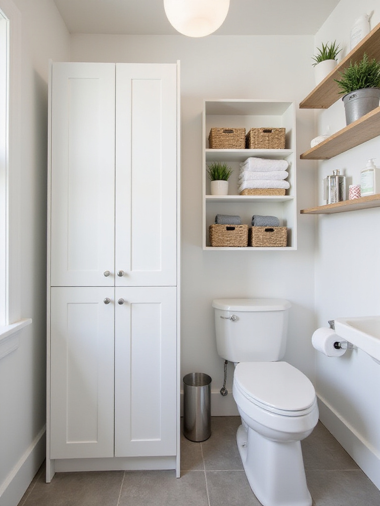 Small modern bathroom maximizing space with tall vertical storage cabinet, over-the-toilet shelves, and high floating shelves.