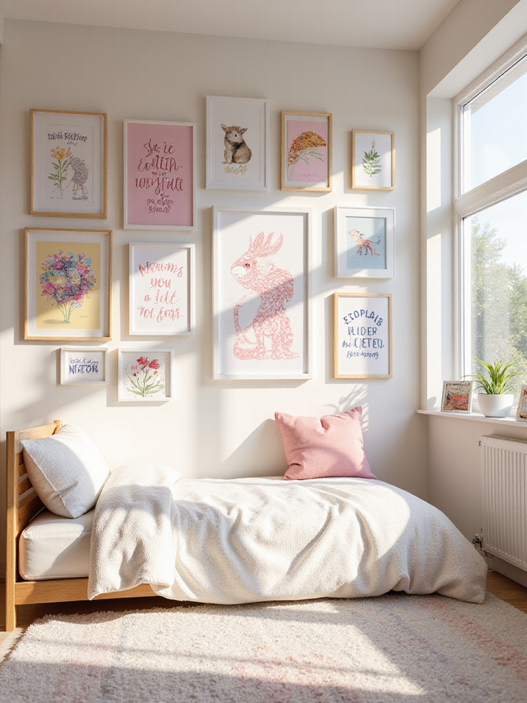 Girl's bedroom with vibrant gallery wall featuring abstract art, animal illustrations, and inspirational quotes.