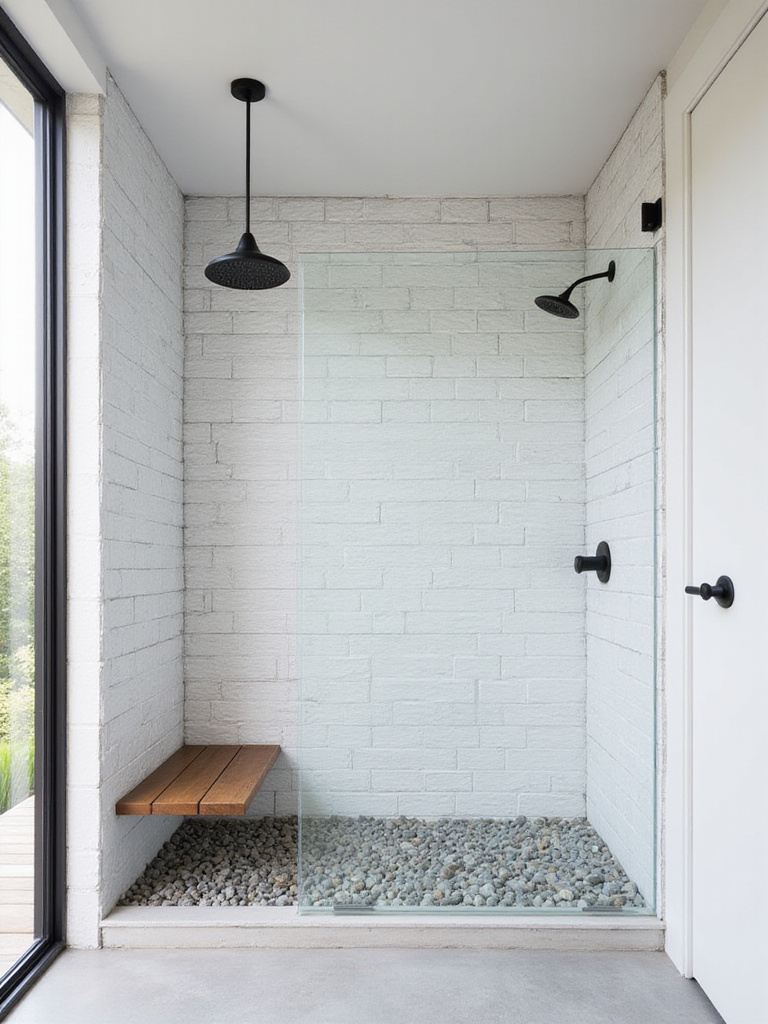 Modern bathroom with walk-in shower, white subway tile, and rainfall showerhead.