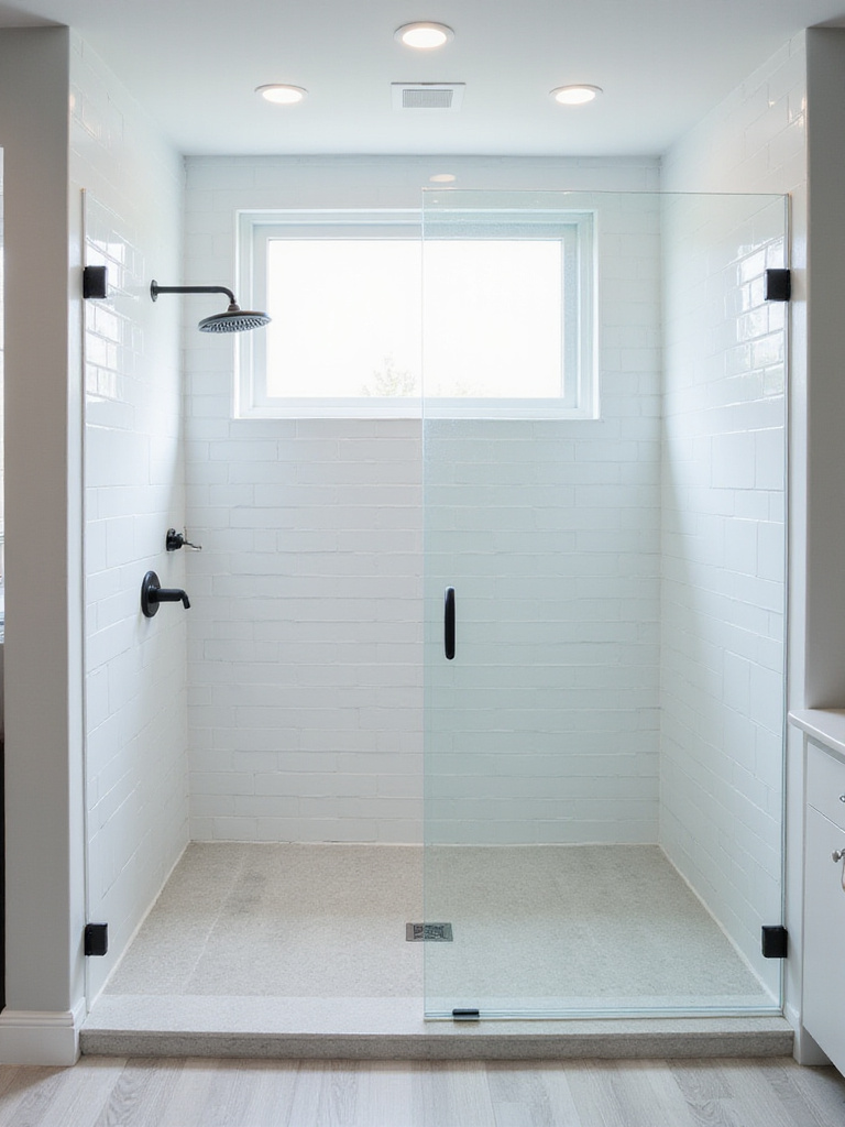 Modern bathroom with walk-in shower and frameless glass enclosure.