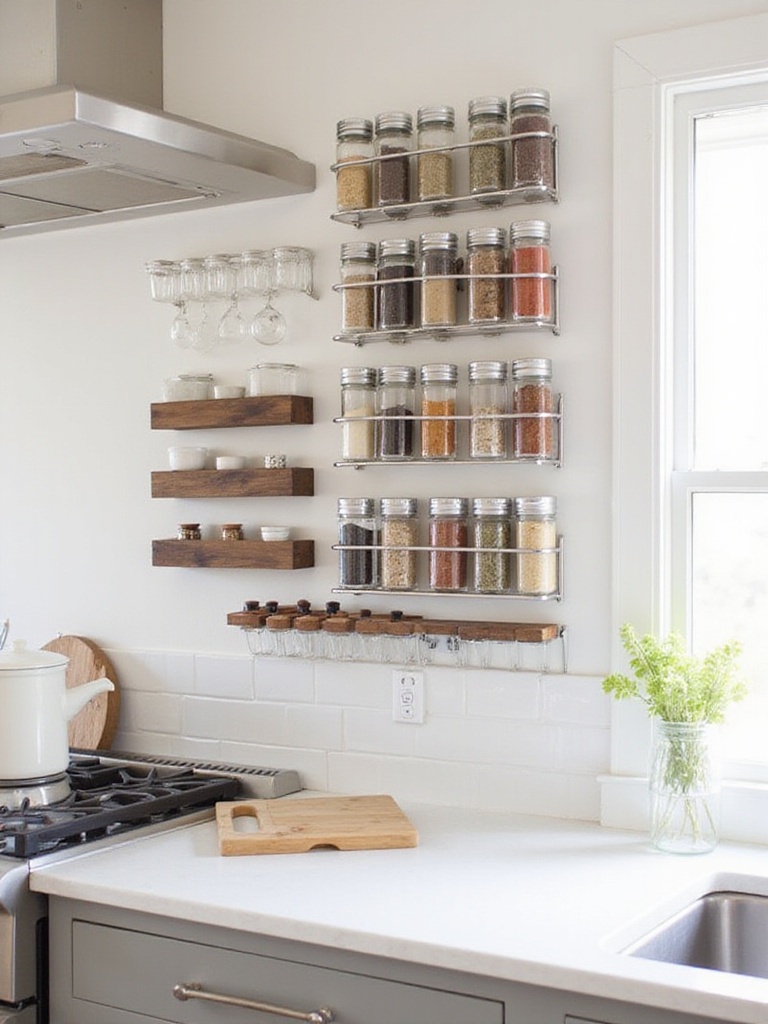 Various wall-mounted spice rack options in a modern kitchen.