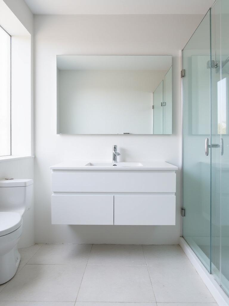 A small modern bathroom featuring a white wall-mounted vanity that creates clear floor space underneath, making the room feel larger and airier.