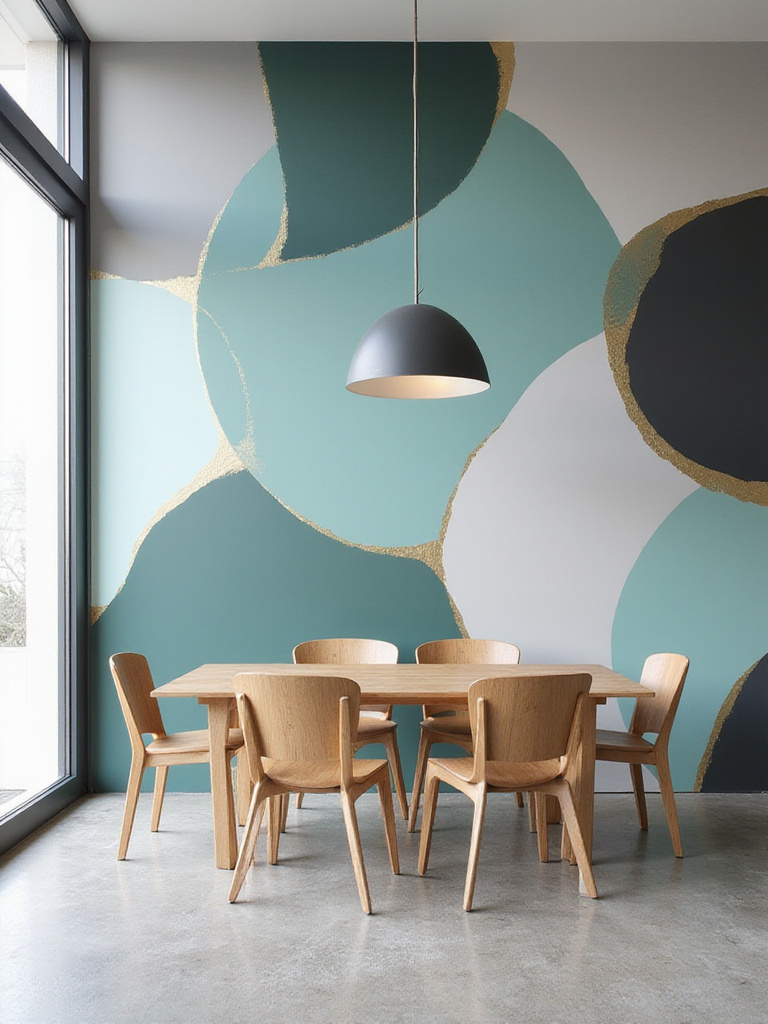 Modern dining room with teal, grey and gold geometric wallpaper accent wall.