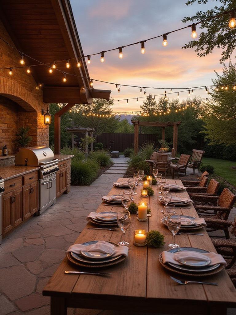 Luxury outdoor kitchen and dining patio at sunset for al fresco dining.