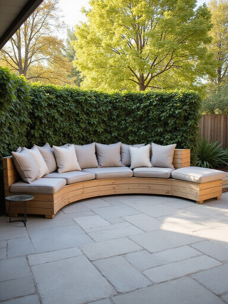 Backyard patio with built-in wooden bench and comfortable cushions