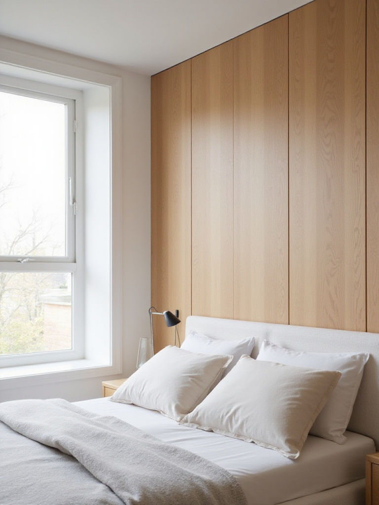 Modern bedroom with light oak wood panel effect wallpaper accent wall