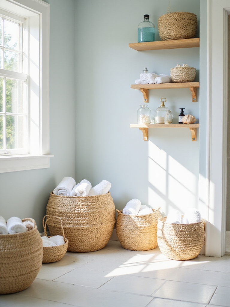 Beach bathroom with woven baskets for stylish storage of towels and toiletries