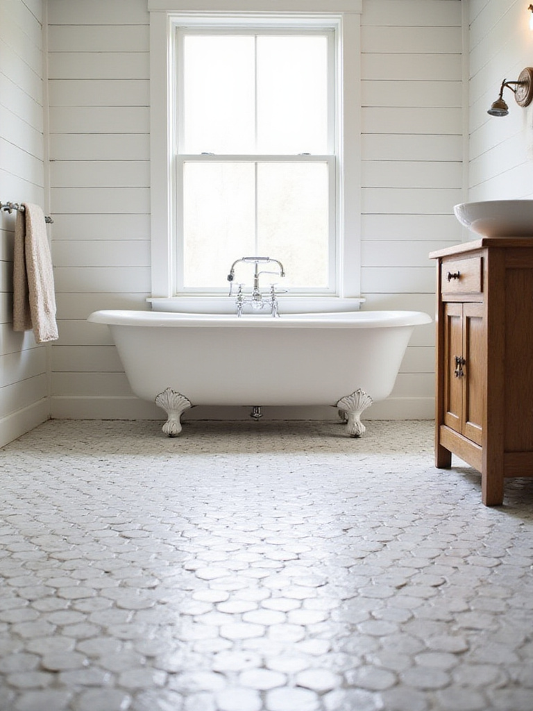 Farmhouse bathroom floor tiled with classic white penny tiles and dark gray grout, leading towards a clawfoot tub and shiplap wall.