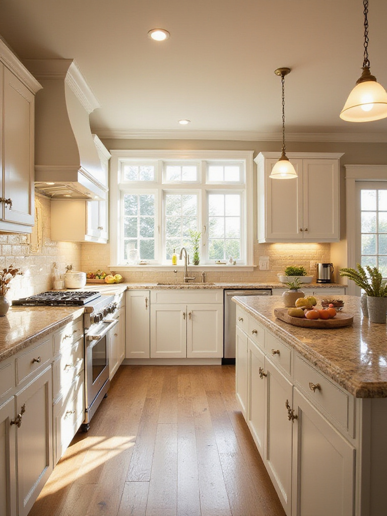 Traditional kitchen featuring warm white cabinets, a large island with a stone countertop, and a cream tile backsplash, showcasing a palette of warm whites, creams, and earth tones.