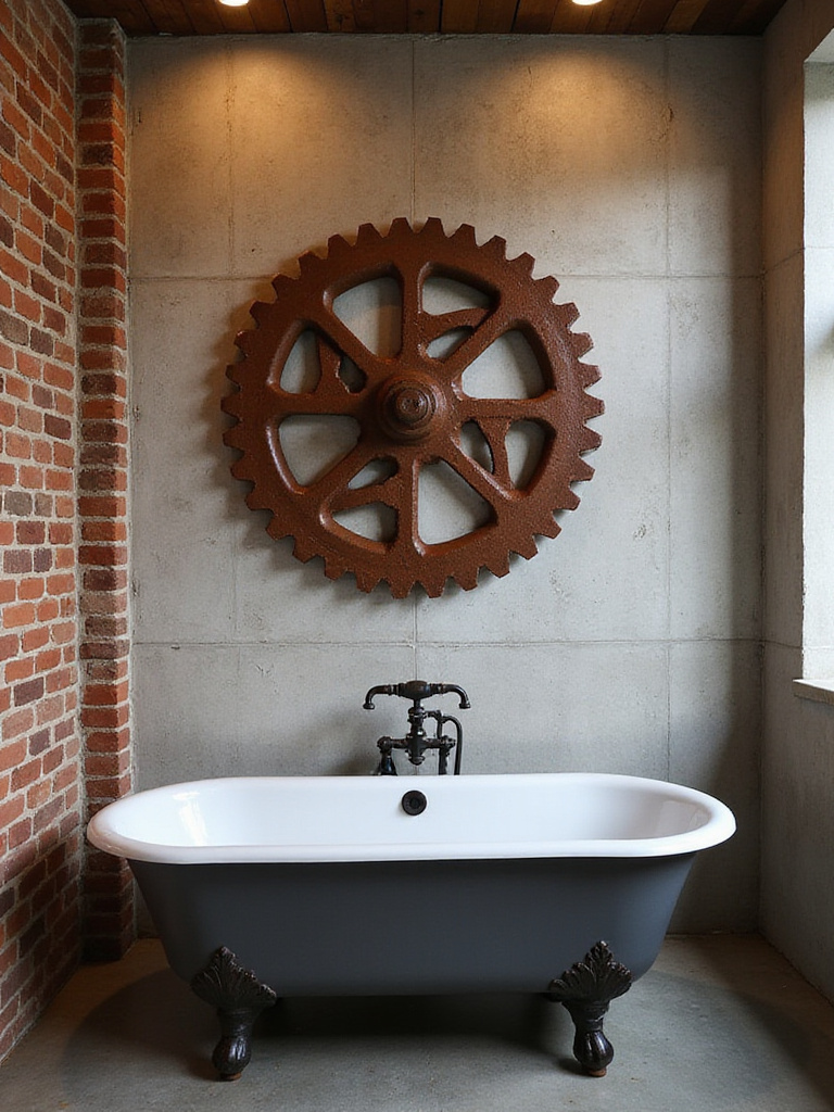 Industrial bathroom with oversized metal gear wall art.