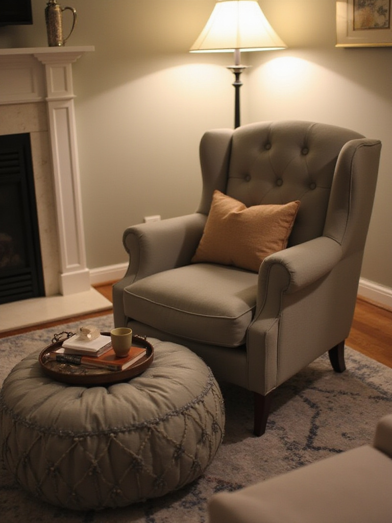 A cozy living room corner with a comfortable accent chair, a decorative pouf serving as a side table, and a stylish tray on the pouf holding a book and cup. The scene features soft lighting and warm textures.
