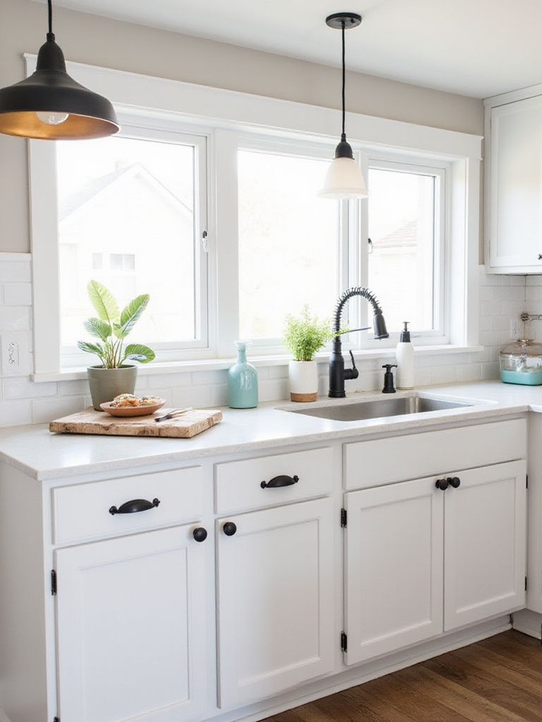 Modern kitchen with white cabinets and black hardware showcasing high-impact style on a budget.
