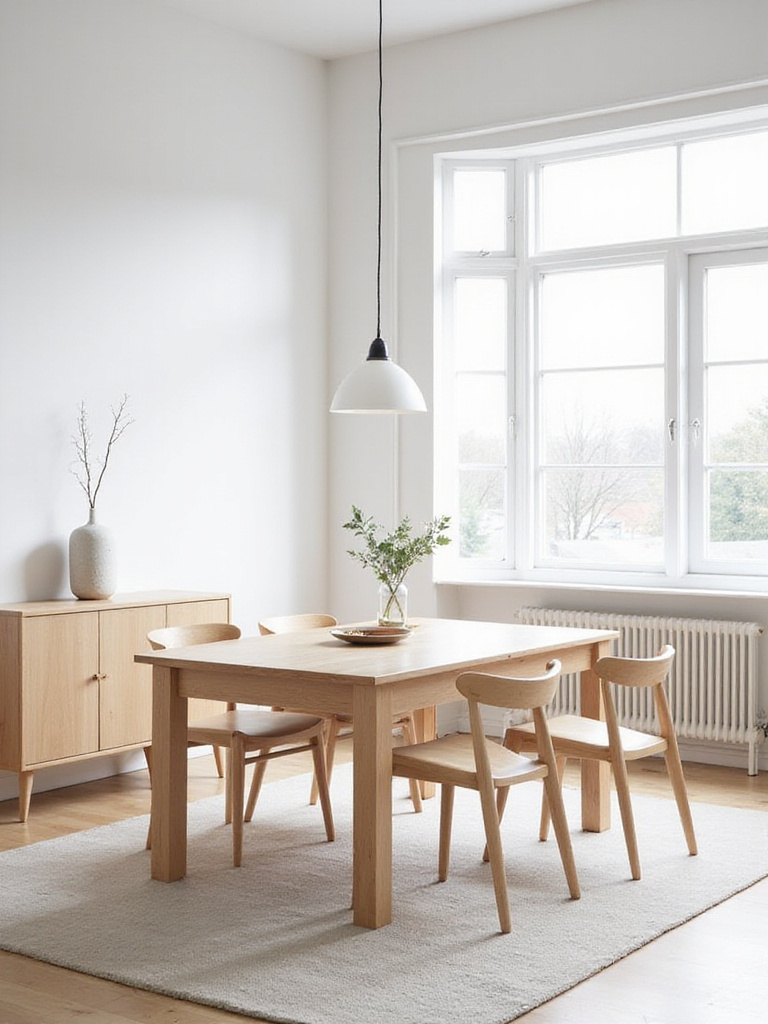 A bright, minimalist Scandinavian dining room with a light wood table, simple chairs, a pendant lamp, and natural light.